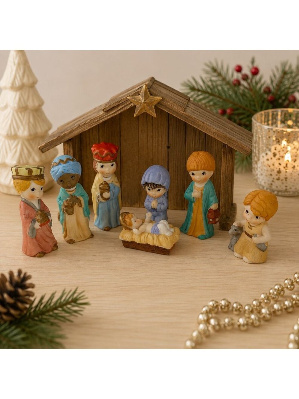 7-Pc Porcelain Nativity Set Holy Family and Wise Men Figurines Original Box